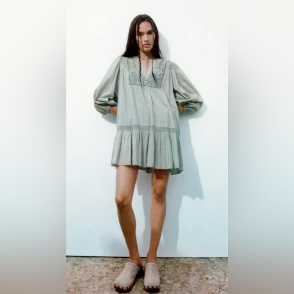 ZARA Women’s Size Medium Boho Sage Green MiniDress ~ 100% cotton ~ Made in India